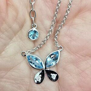 Made in Italy $999 14K Blue Topaz Diamond Butterfly Pendant Necklace 16"-18" lon